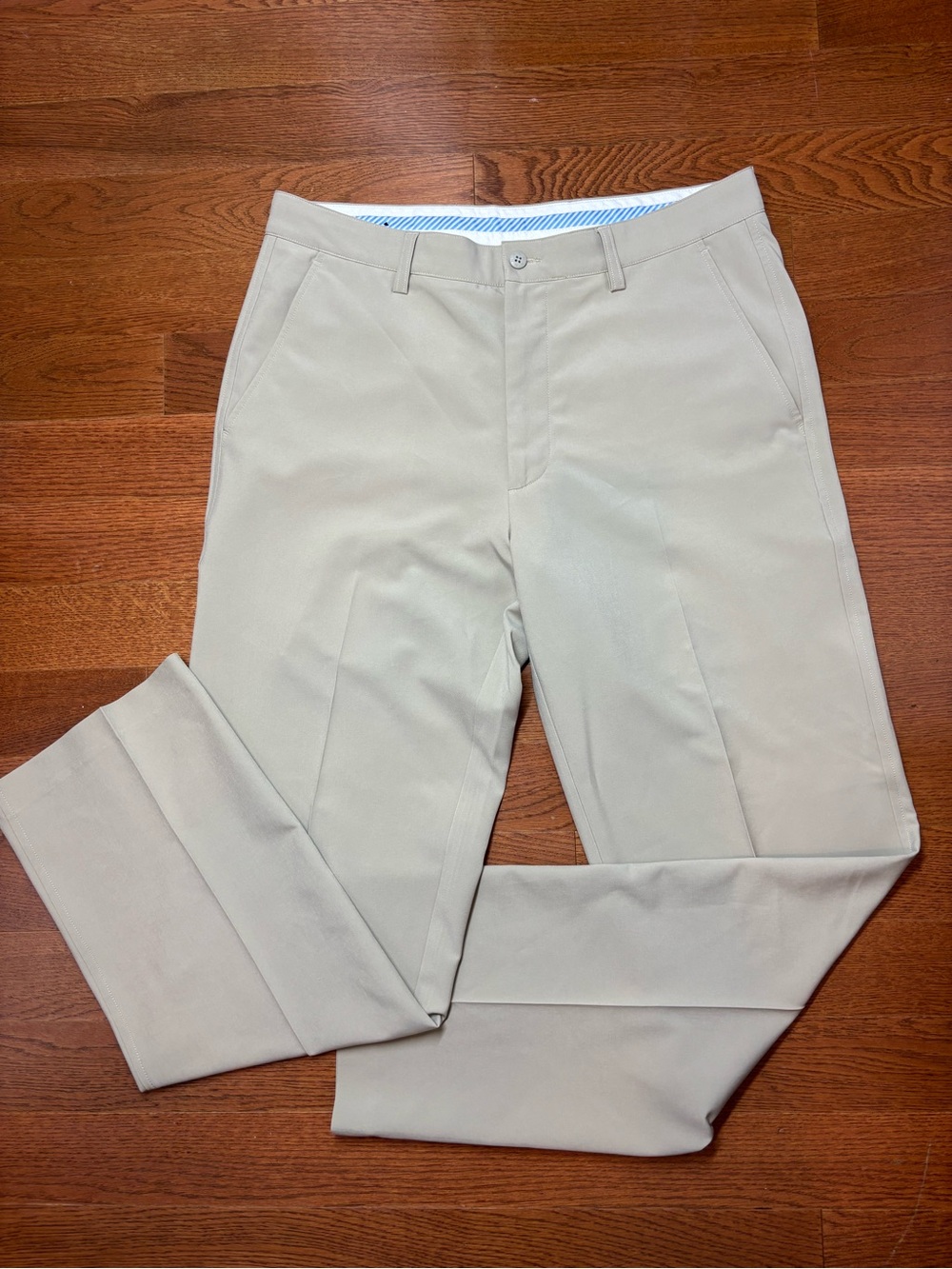 FootJoy Men's Khaki Stretch Chino Flat Front Golf Pants in Light Beige, 34 x 32